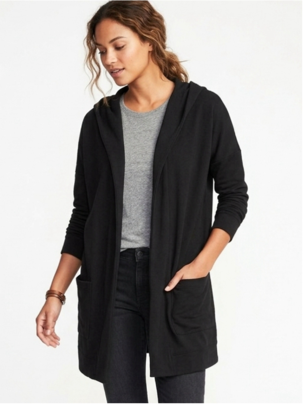 Gap Women's Open Front Hooded Cardigan Sweatshirt Fleece Jacket Black Medium 817